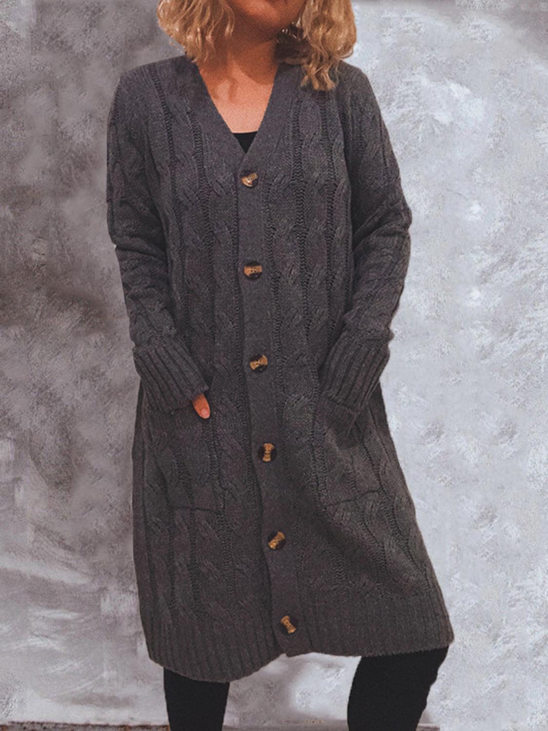 Button Up Cable-Knit Cardigan with Pockets Carauana Store
