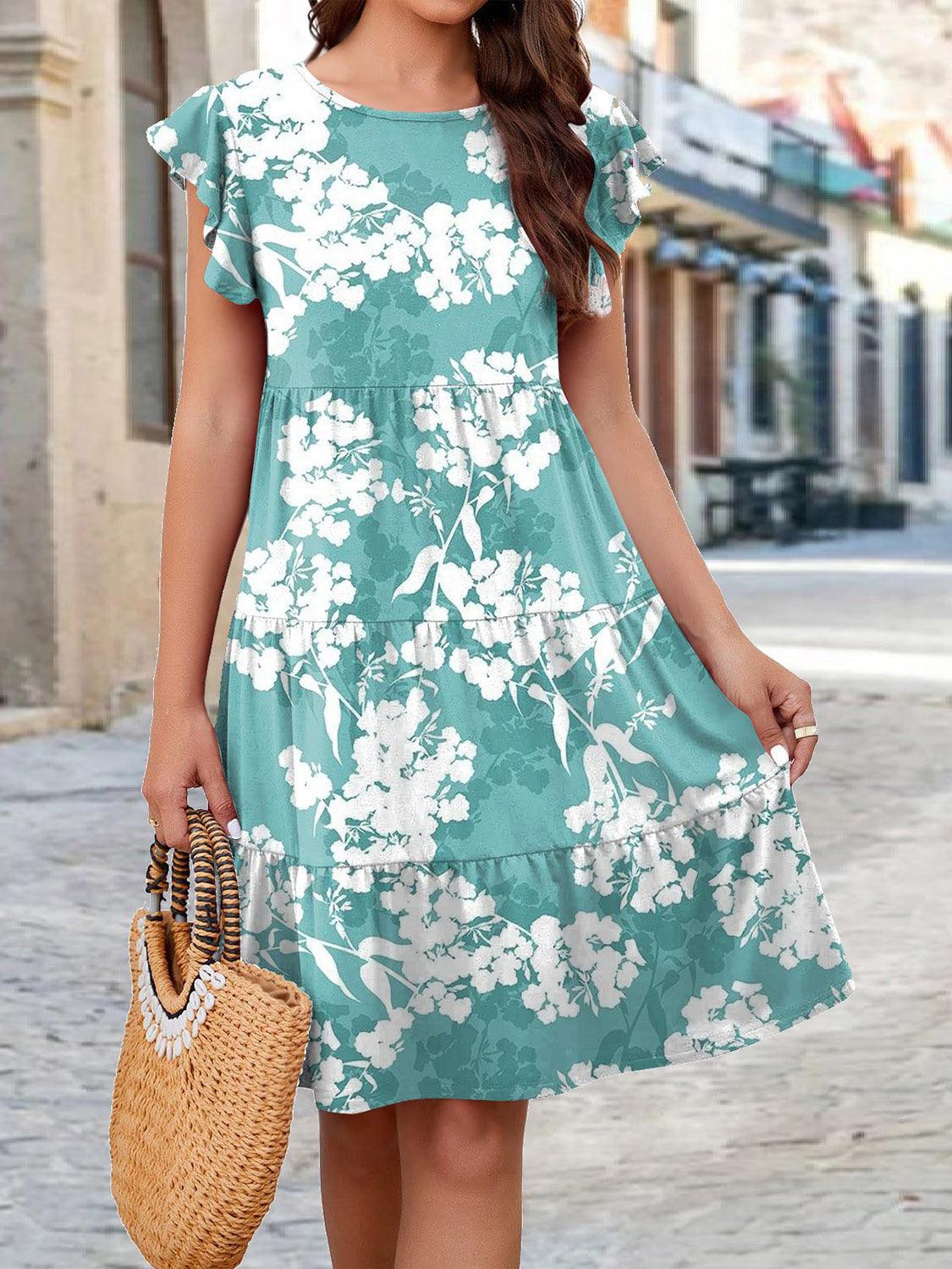 Printed Round Neck Tiered Dress Carauana Store