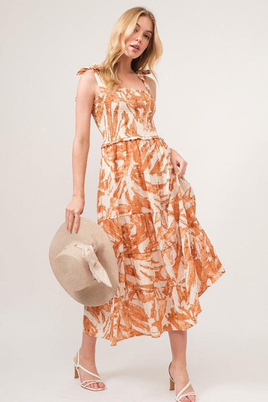 And The Why Tie Shoulder Smocked Midi Tiered Dress Carauana Store