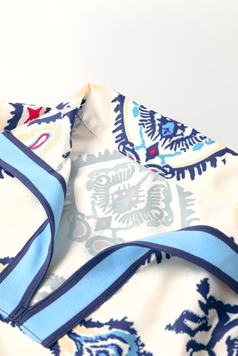 Blue Ethnic Print Striped Split Neck Long Sleeve Flowy Mini Dress