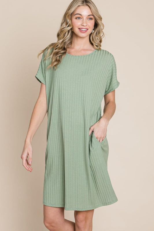 BOMBOM Ribbed Round Neck Short Sleeve Dress Carauana Store