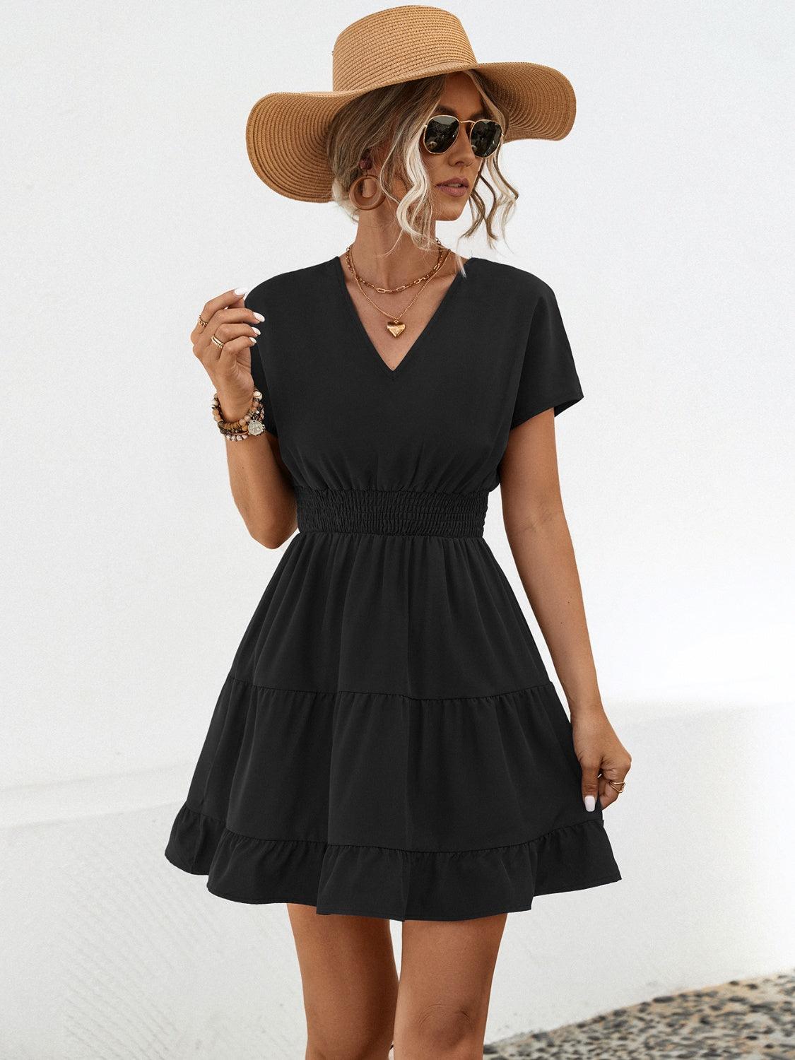 Ruffled Smocked V-Neck Tiered Dress Carauana Store