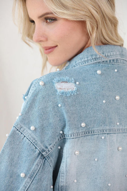 Distressed Pearl Trim Button Up Denim Jacket Carauana Store