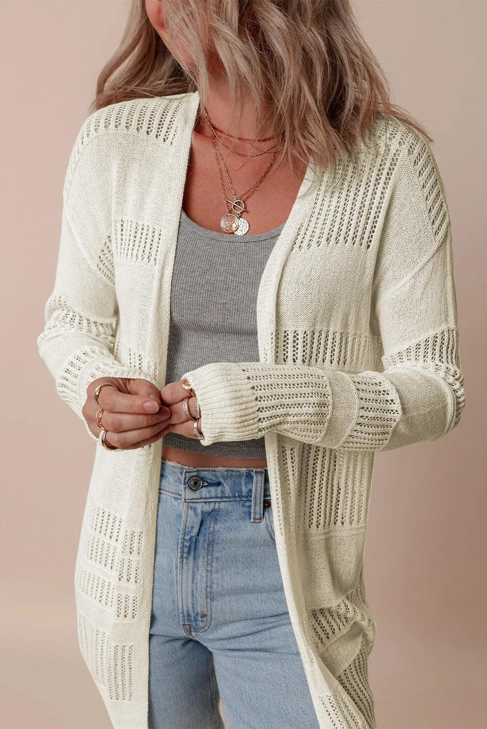 Openwork Open Front Long Sleeve Cardigan Carauana Store