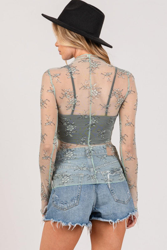 SAGE + FIG Mesh Long Sleeve Sheer Floral Embroidery Top Carauana Store