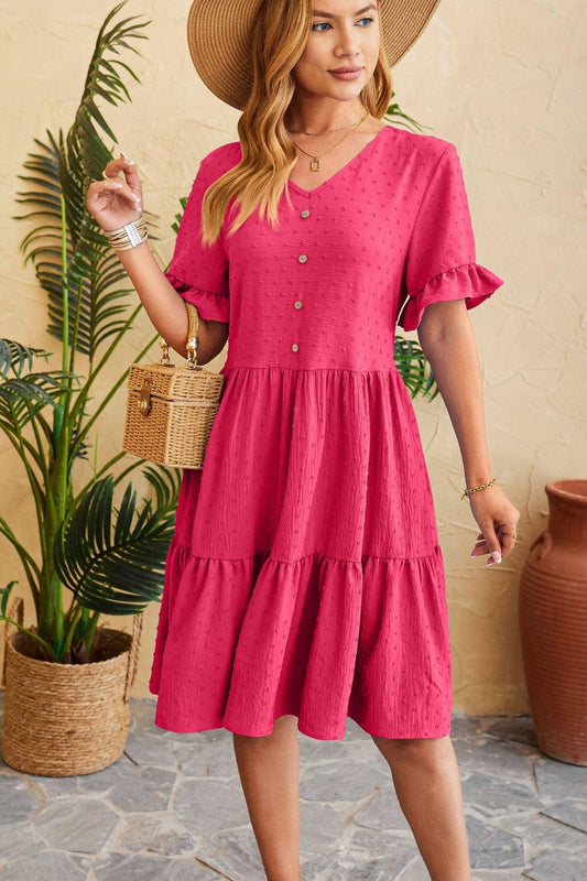 Swiss Dot Ruffled V-Neck Tiered Dress Carauana Store