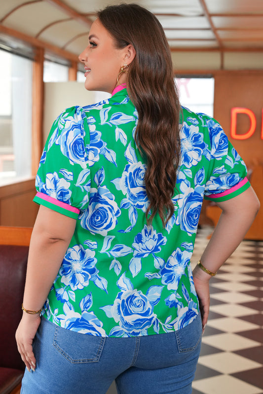 Green Floral Print Short Puff Sleeve Plus Size Top