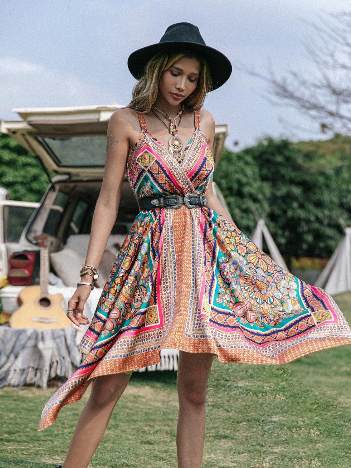 Printed Surplice Handkerchief Hem Cami Dress Carauana Store