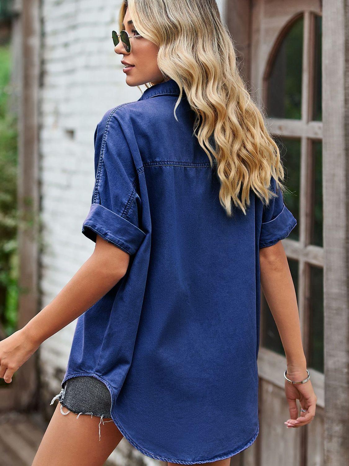 Collared Neck Denim Jacket with Pockets Carauana Store