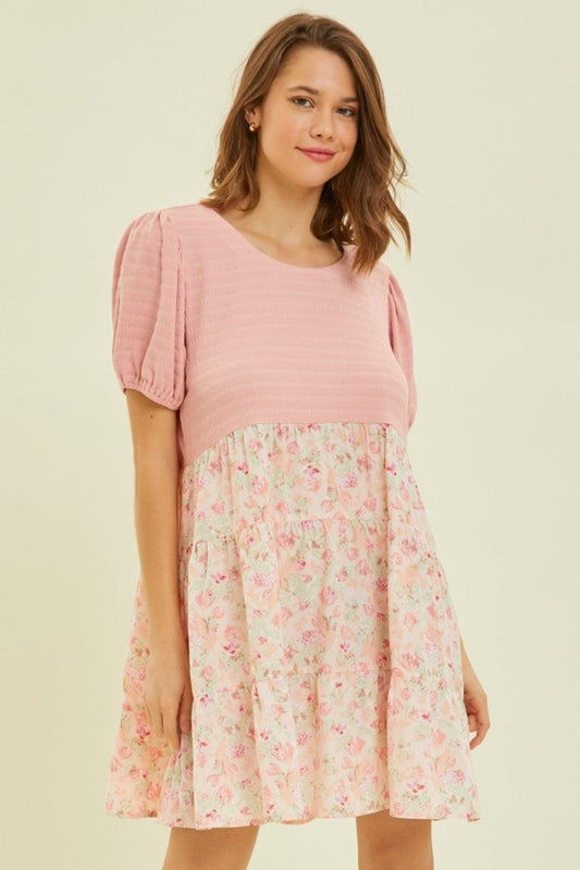 HEYSON Full Size Round Neck Floral Ruffle Hem Mini Dress Carauana Store