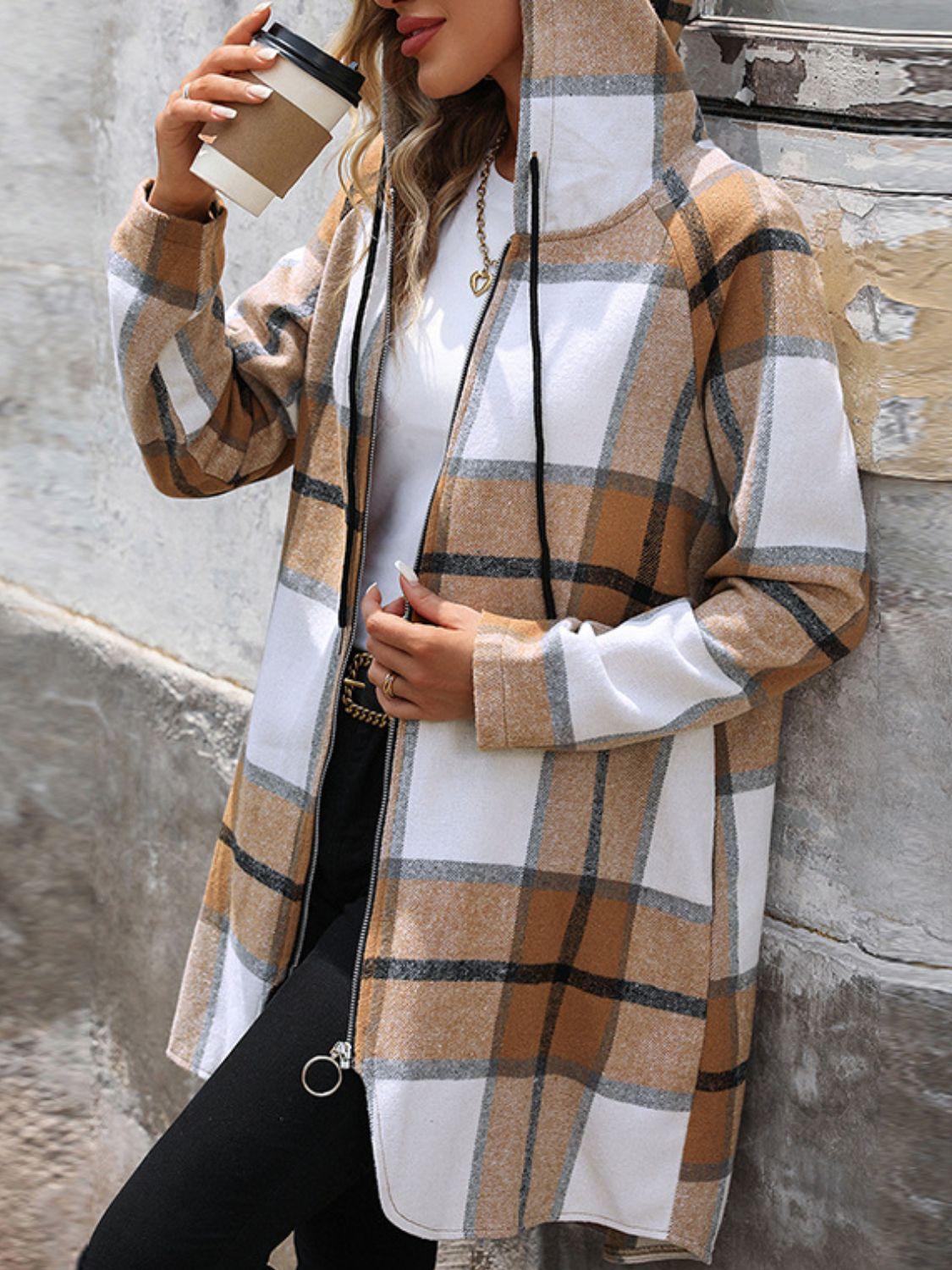 Drawstring Plaid Zip Up Long Sleeve Hooded Outerwear Carauana Store