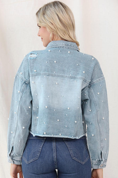 Distressed Pearl Trim Button Up Denim Jacket Carauana Store