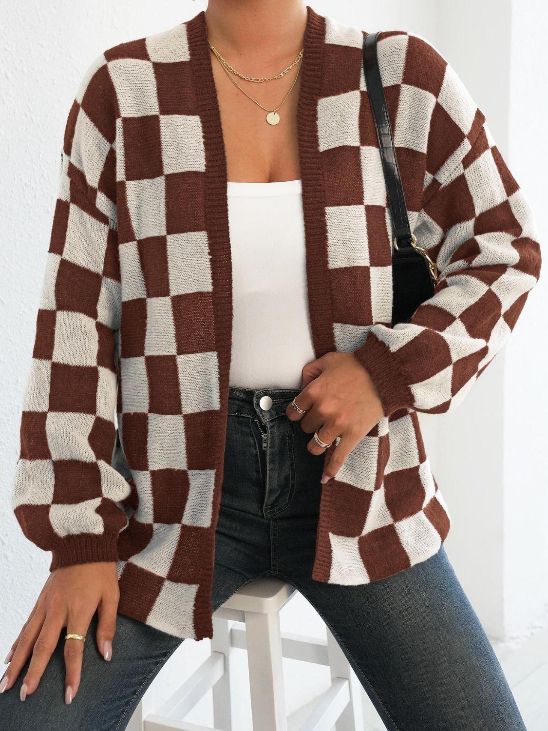 Checkered Open Front Long Sleeve Cardigan Carauana Store