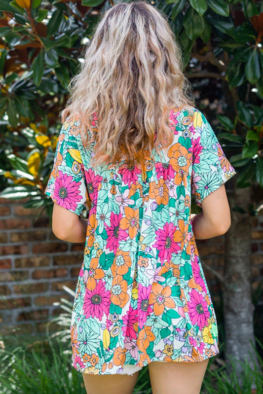 Multicolor Floral Print Short Sleeve Babydoll Blouse