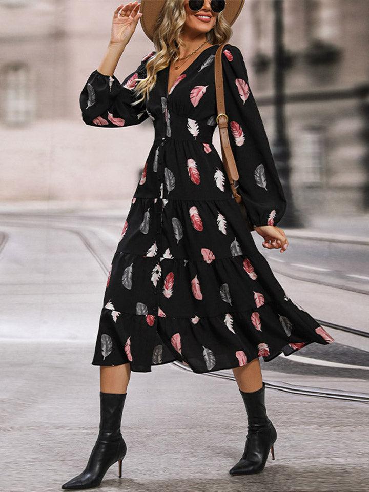 Printed V-Neck Slit Dress Carauana Store