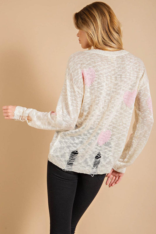 Kori America Heart Pattern Distressed Sweater Carauana Store