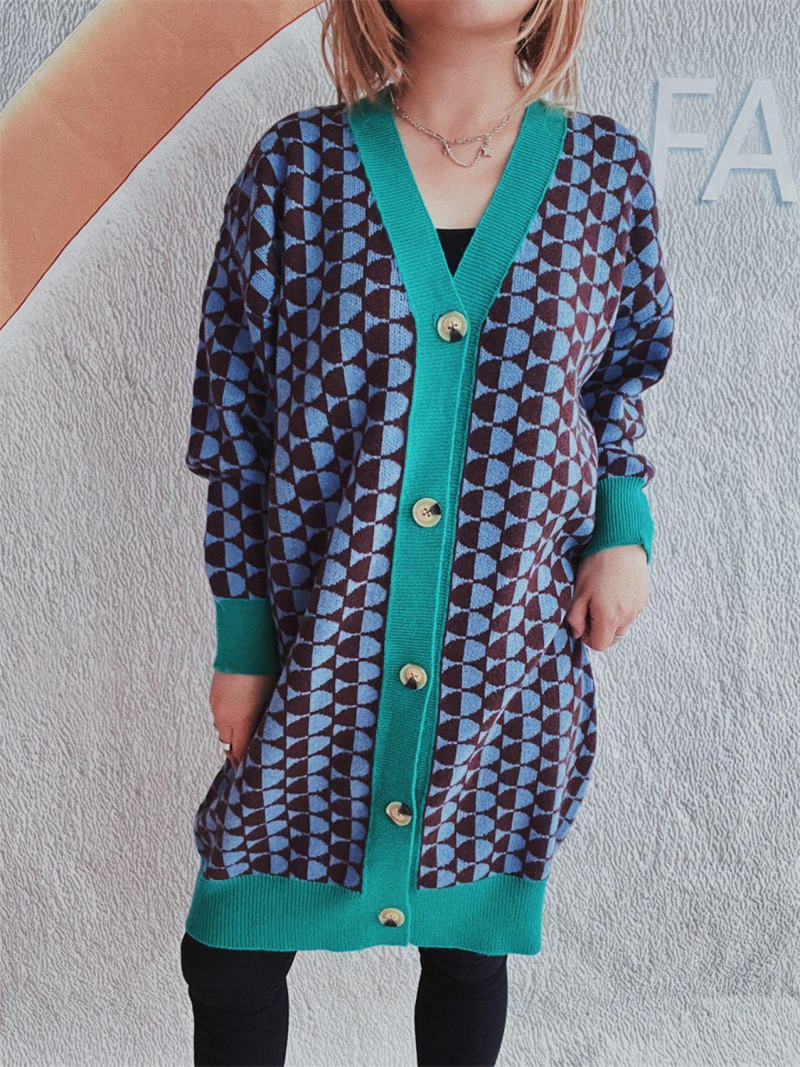 Contrast Trim Geometric Button Down Cardigan Carauana Store