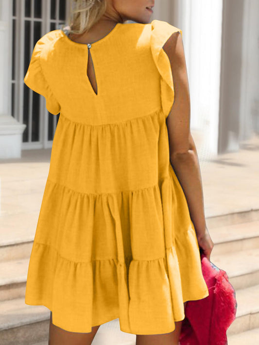 Ruched Round Neck Cap Sleeve Mini Dress Carauana Store