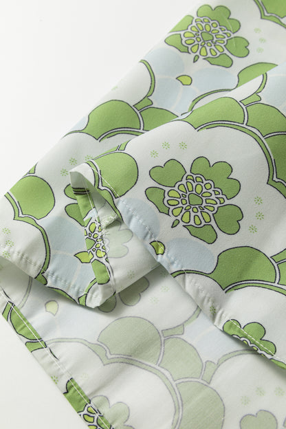 Green Floral Clouds Ruffled Short Sleeve Summer Blouse