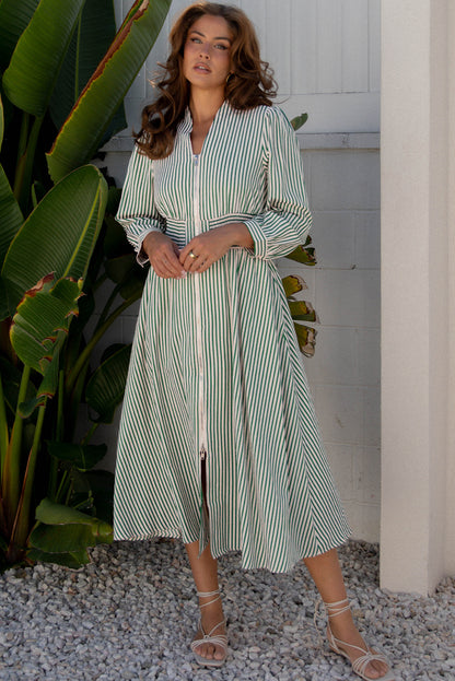 Green Stripe V Neck Zip Front Cinched High Waist Midi Dress