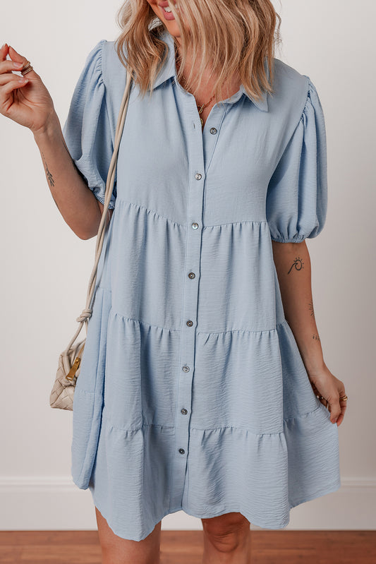 Beau Blue Shirt Collar Button Up Short Puff Sleeve Tiered Shift Dress