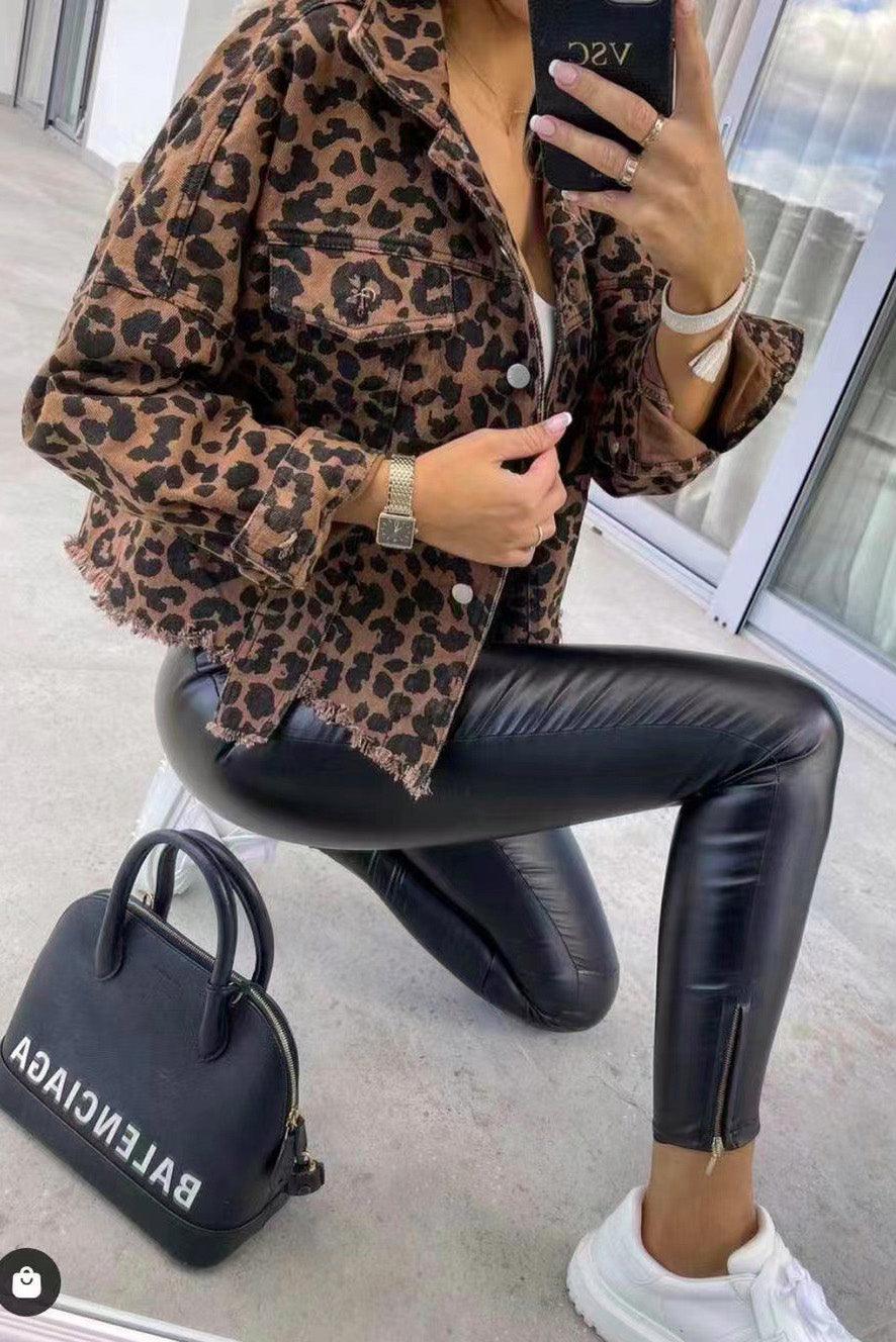 Leopard Raw Hem Denim Jacket Carauana Store