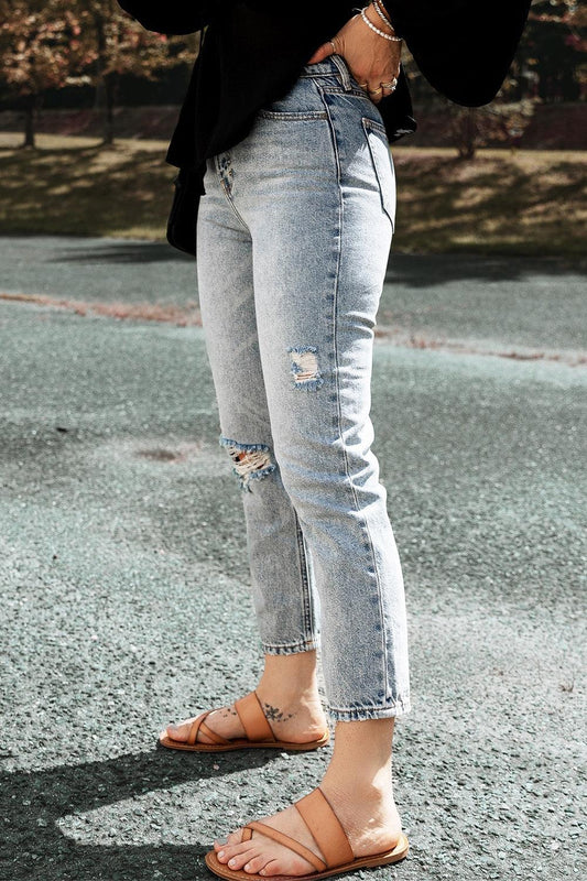 Distressed Straight Jeans with Pockets Carauana Store