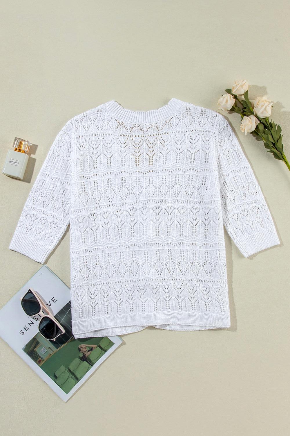 Openwork V-Neck Half Sleeve Cardigan Carauana Store