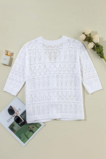 Openwork V-Neck Half Sleeve Cardigan Carauana Store
