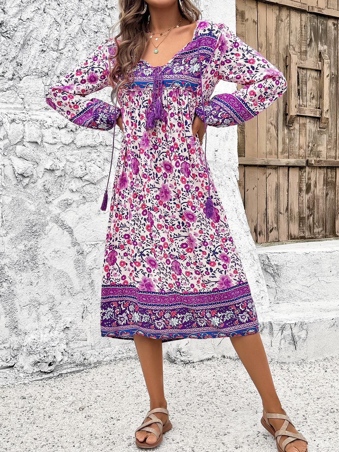 Tassel Tied Printed Long Sleeve Dress Carauana Store