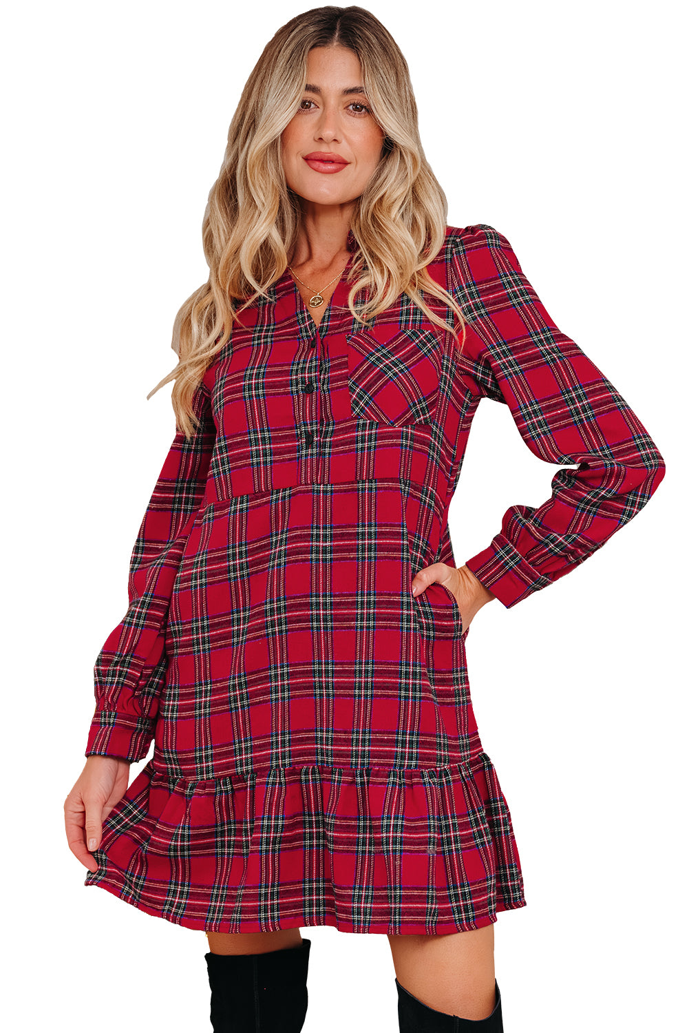 Red Plaid Shirt Collar Half Button Ruffle Hem Long Sleeve Mini Dress