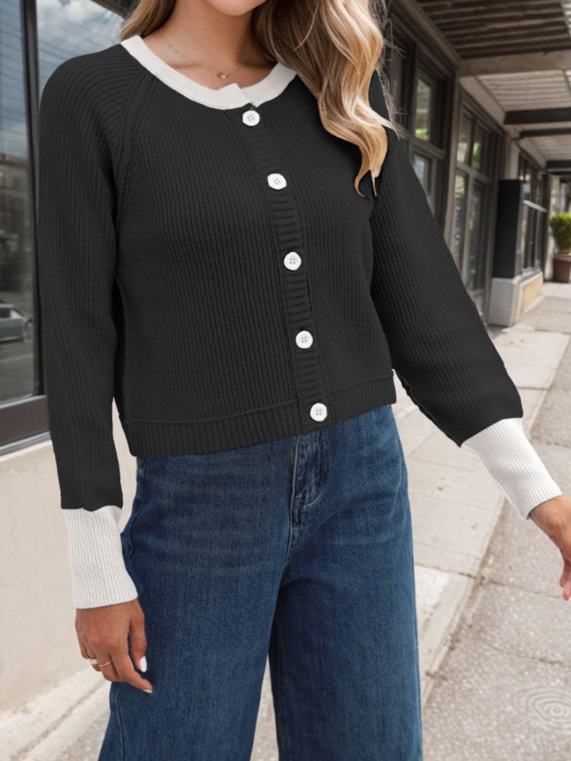 Contrast Button Up Long Sleeve Cardigan Carauana Store