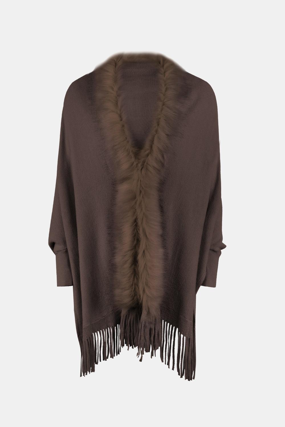 Fringe Open Front Long Sleeve Poncho Carauana Store