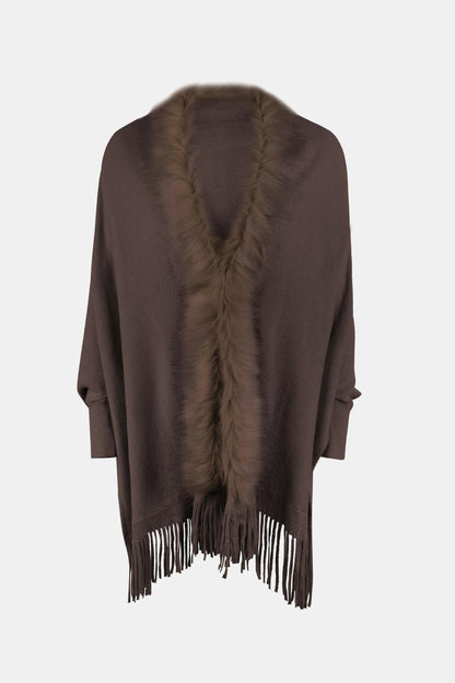 Fringe Open Front Long Sleeve Poncho Carauana Store