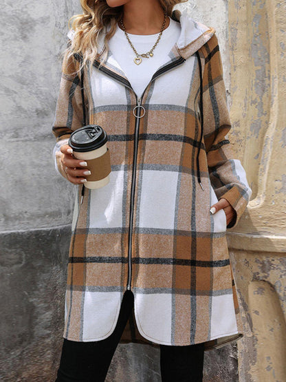 Drawstring Plaid Zip Up Long Sleeve Hooded Outerwear Carauana Store
