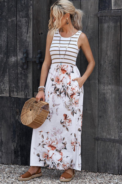 Striped Floral Round Neck Sleeveless Maxi Dress Carauana Store