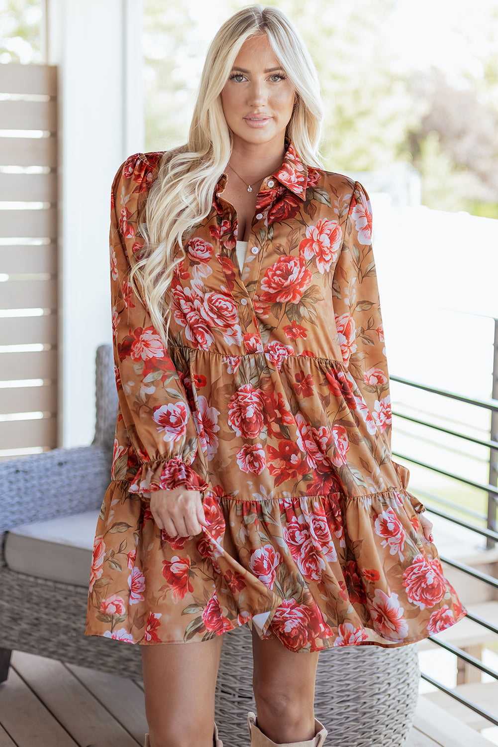 Brown Vintage Floral Print Shirt Style Half Button Long Sleeve Ruffle Mini Dress