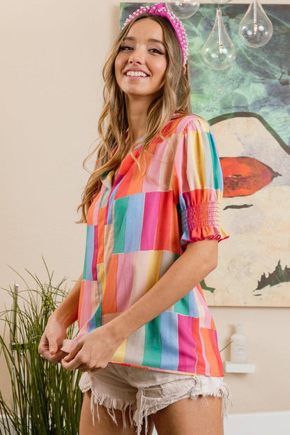 BiBi Color Block Smocked Short Sleeve Blouse Carauana Store