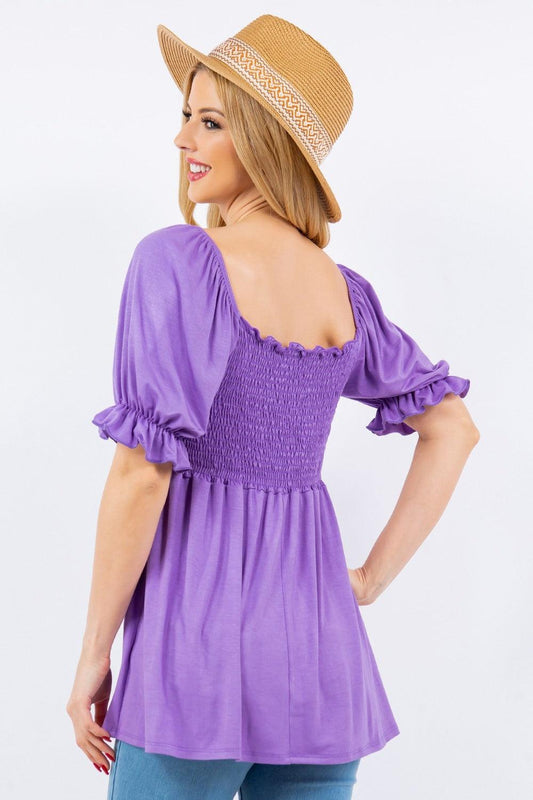 Celeste Full Size Ruffled Short Sleeve Smocked Blouse Carauana Store
