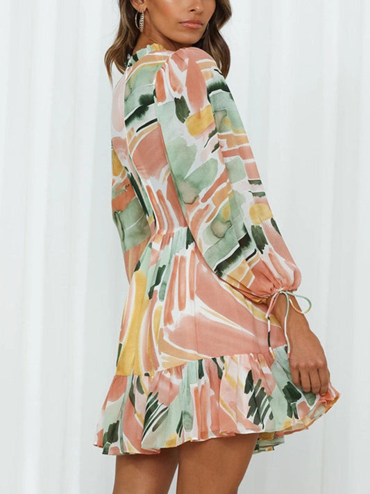 Printed Mock Neck Balloon Sleeve Mini Dress Carauana Store