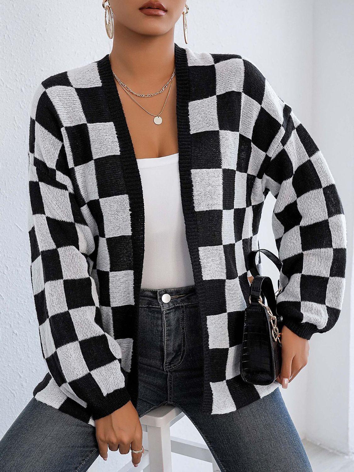 Checkered Open Front Long Sleeve Cardigan Carauana Store