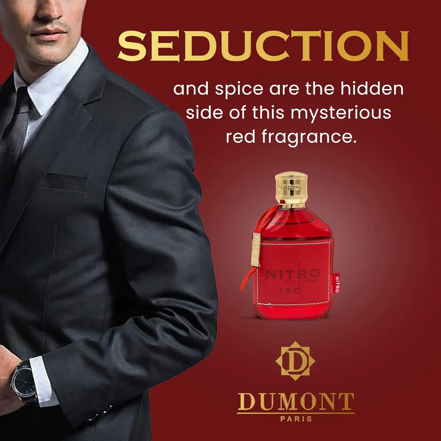 Advertisement for Dumont Paris perfume with a man in a suit and a red perfume bottle