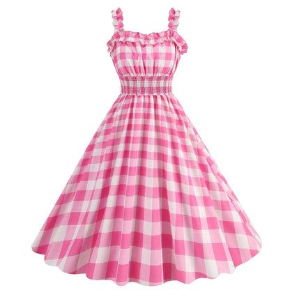 Barbie pink Dress - with a pink plaid pattern 2023 - trendy Strapless Cocktail Rockabilly Party Swing Sweet Girls for cocktail parties and rockabilly events