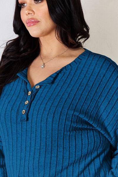 Basic Bae Full Size Ribbed Half Button Long Sleeve Shirt Carauana Store