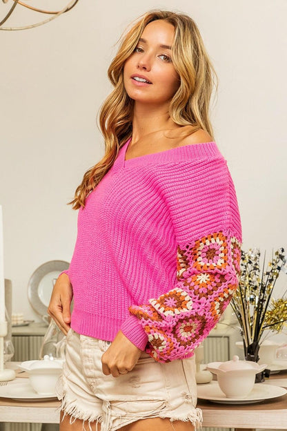 BiBi V-Neck Crochet Long Sleeve Sweater Carauana Store