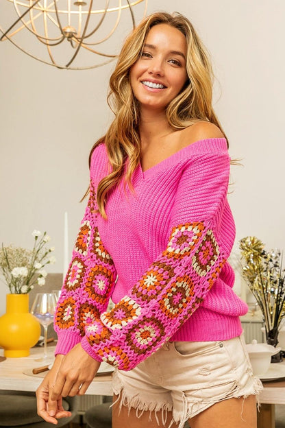 BiBi V-Neck Crochet Long Sleeve Sweater Carauana Store