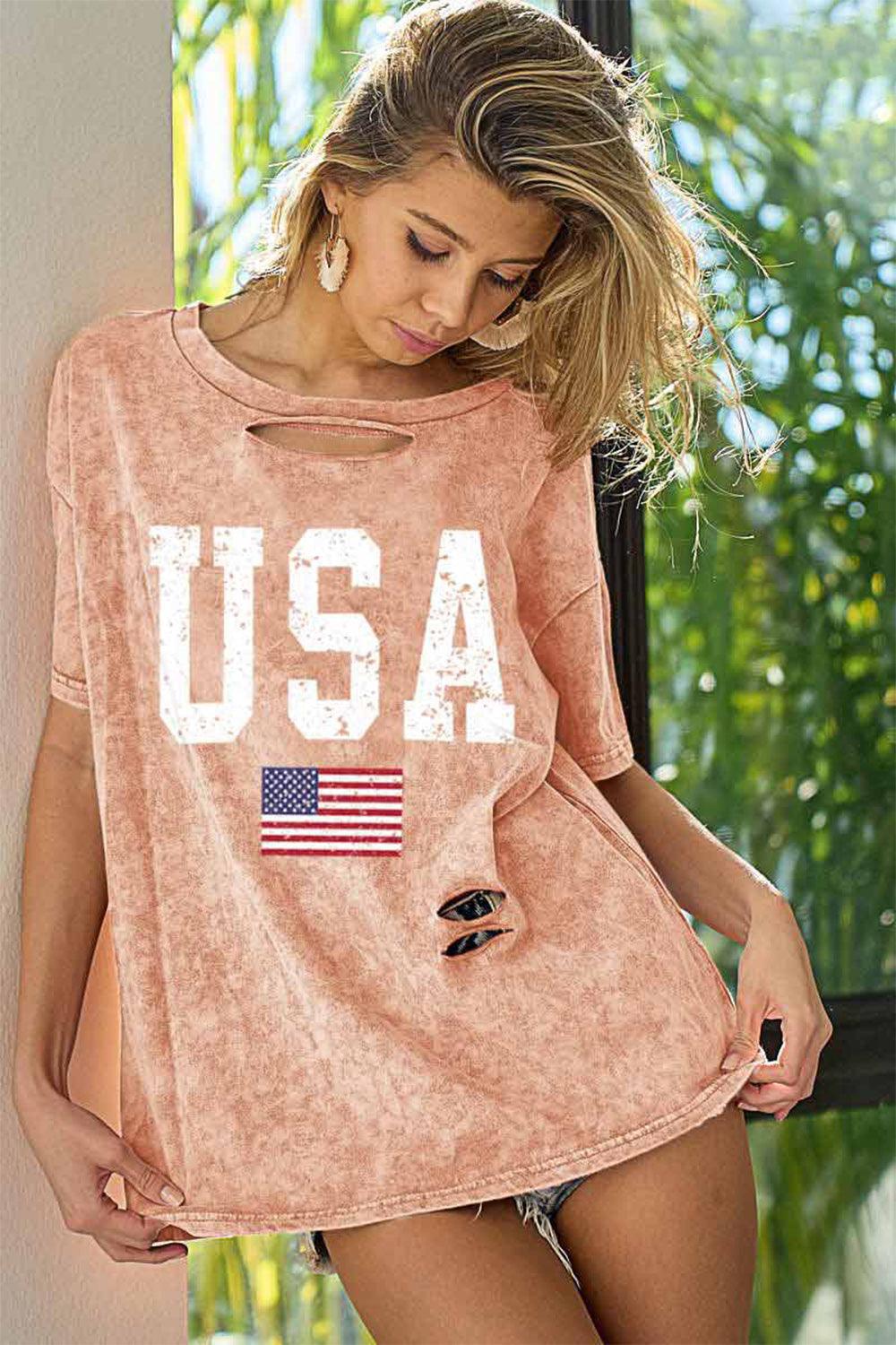 BiBi Washed American Flag Graphic Distressed T-Shirt Carauana Store