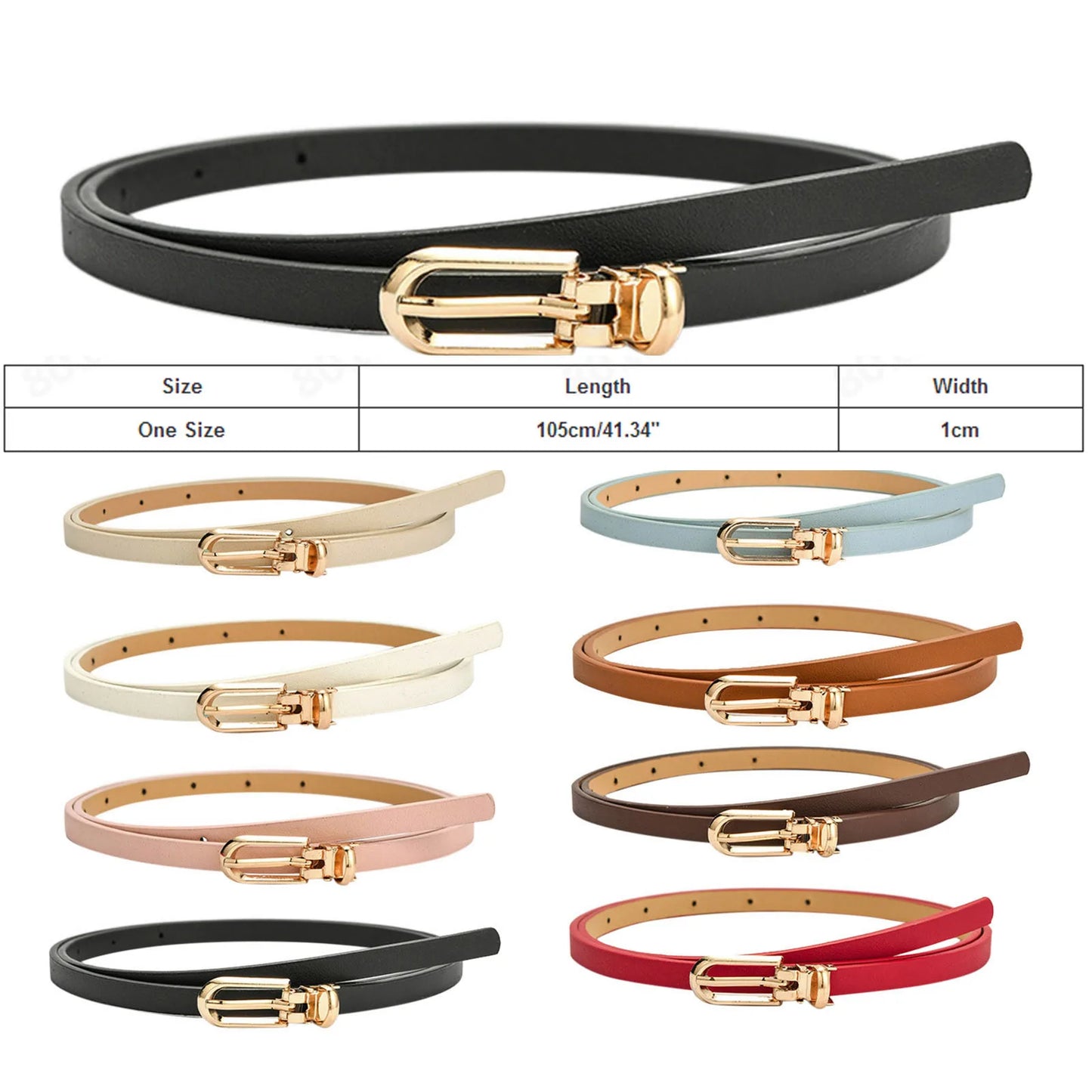 Black belt with gold buckle and multiple color options displayed below