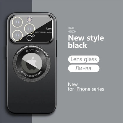 Black phone case with lens glass and magnetic card holder for iPhone series on a gray background