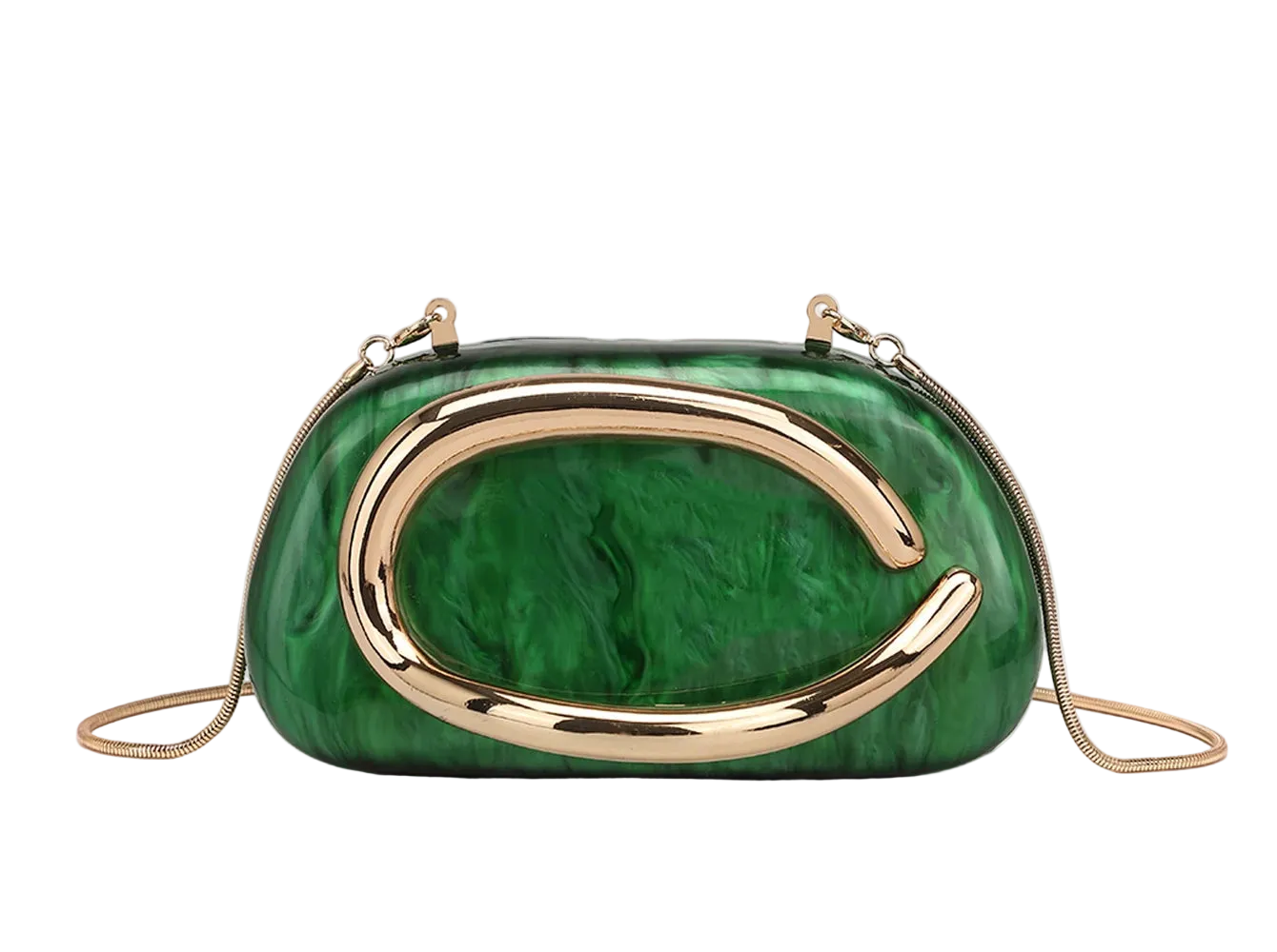 Green marbled handbag with gold accents on a beige background